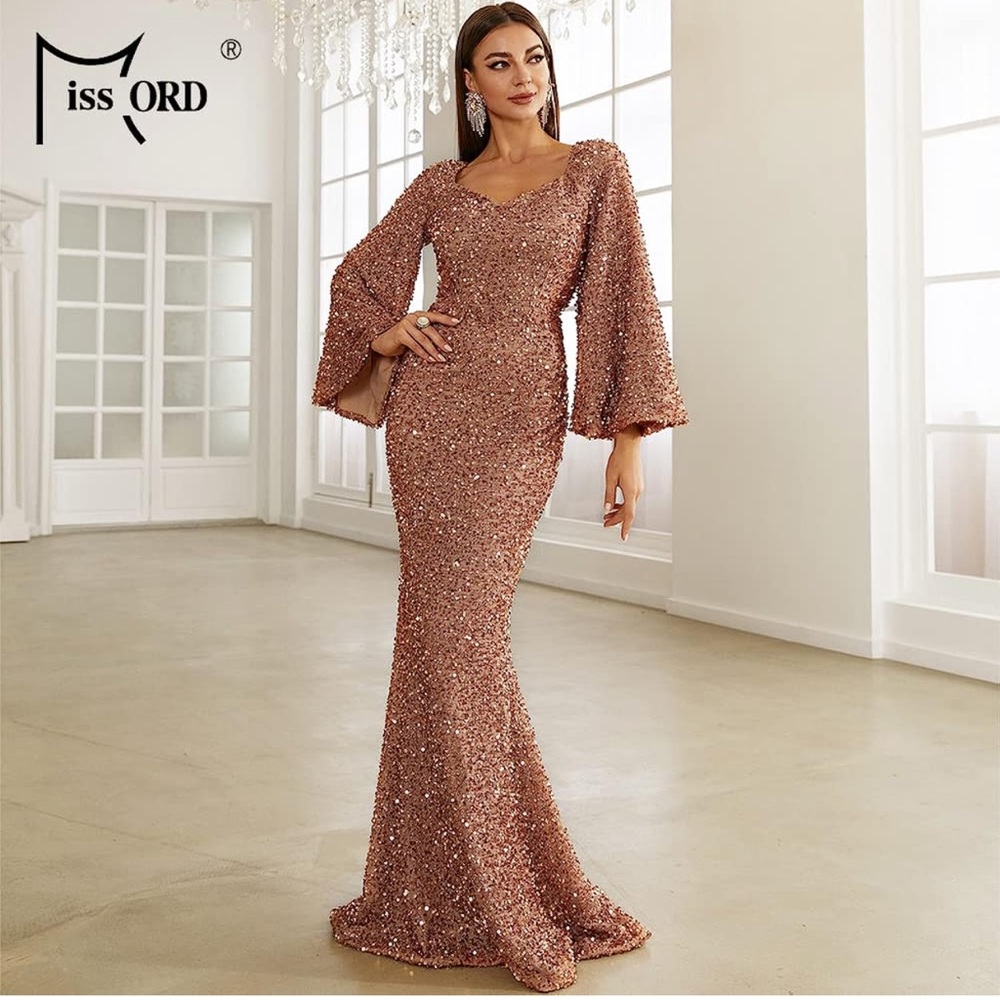 Missord Formal Sequin Elegant Floor Length Mermaid Long Sleeve Evening Gown